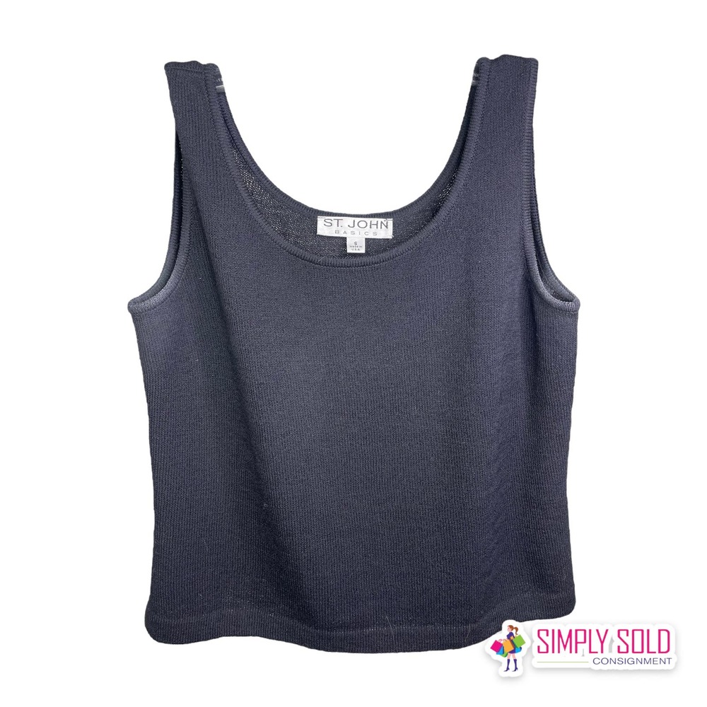 St. John Basics Women's Tank Top‎ Sleeveless Black Knit Cotton Scoop Neck Sz S